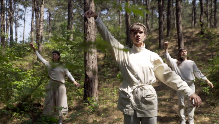 Drie dansers in het bos. 