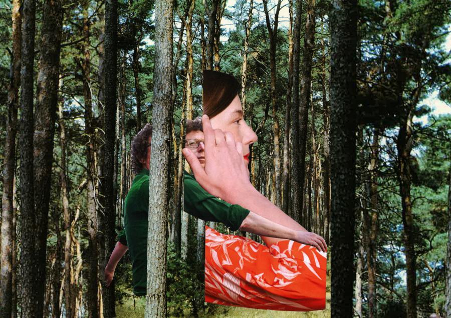 Collage van Arnon Grunberg en Charlotte van den Broeck in een bos