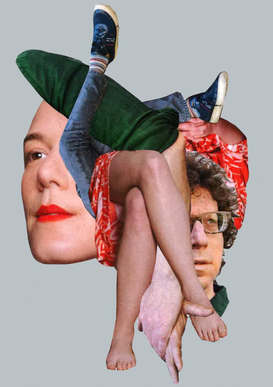 Collage van lichaamsdelen Arnon Grunberg en Charlotte van den Broeck